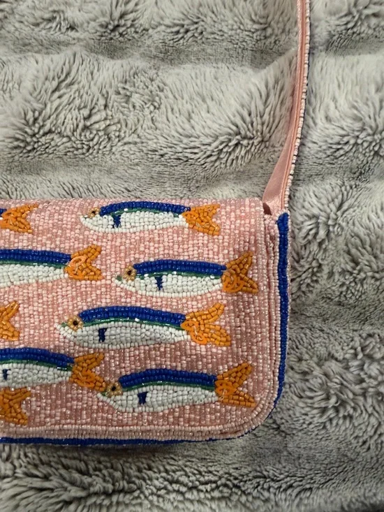Beaded Fish Sardine purse  Bag in Pink with Blue & Orange Viral purse - Picture 4 of 5
